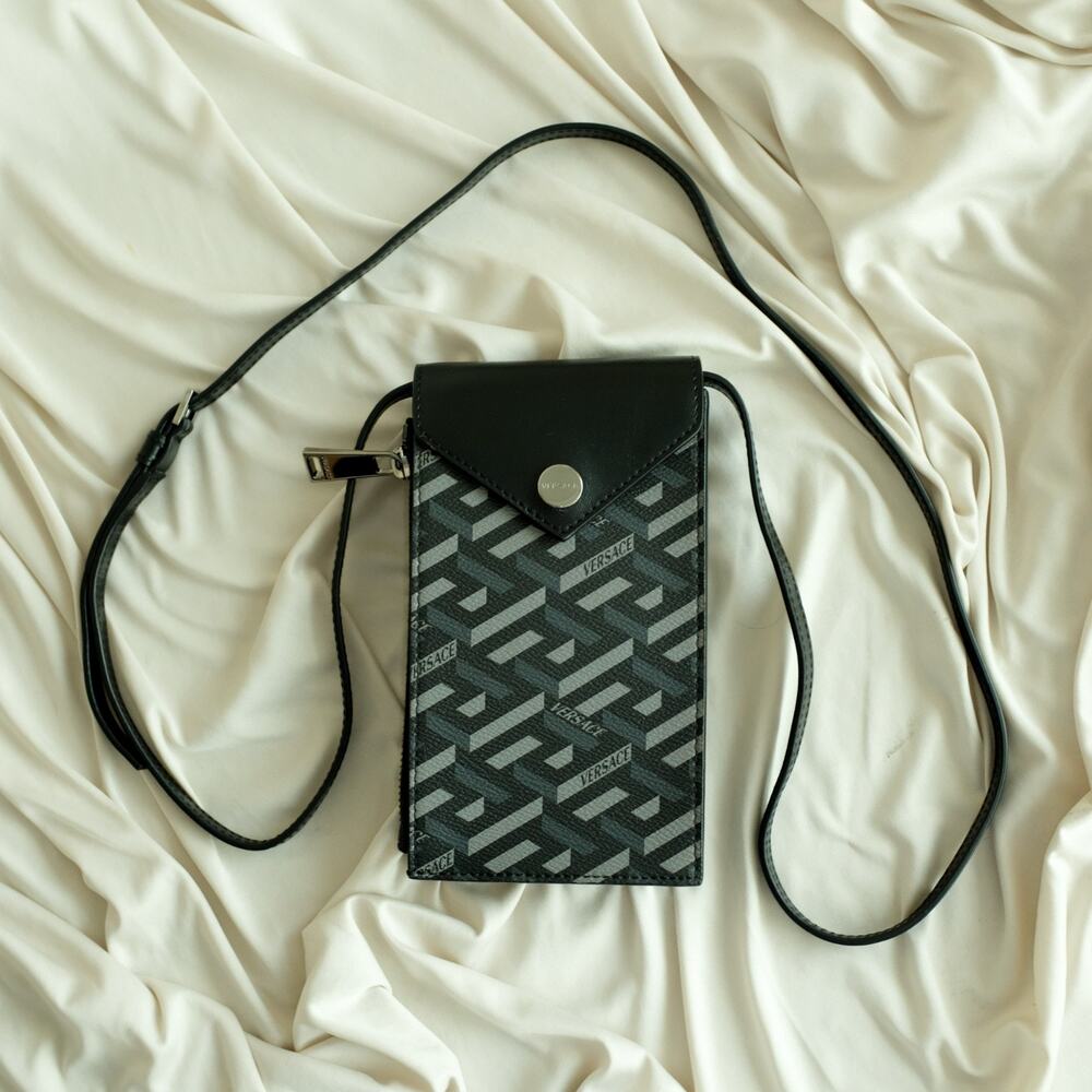 Versace La Greca Signature Crossbody Phone Pouch Leather Black Gray